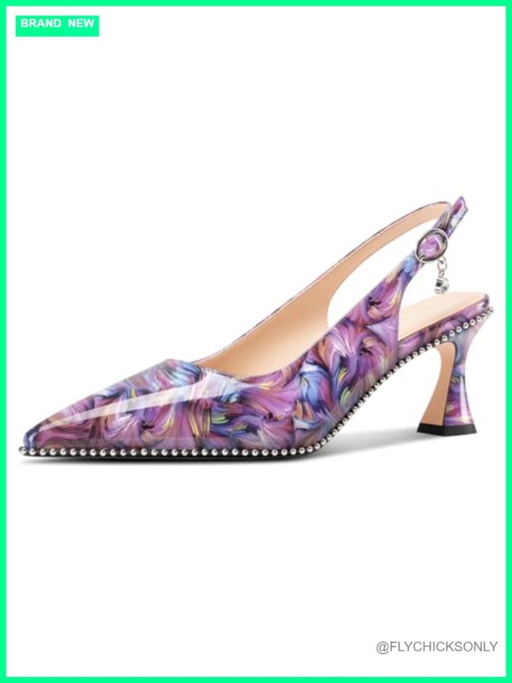 Kitten Heel Pointed Toe Slingback Buckle Patent Leather Pumps